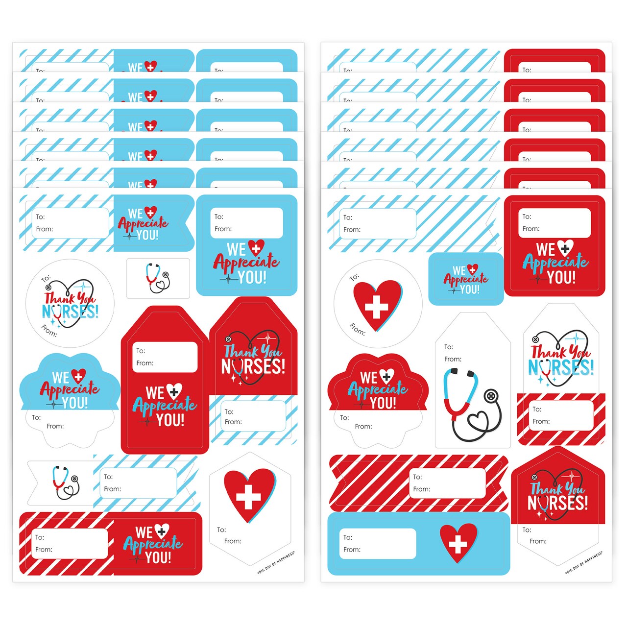 Big Dot of Happiness Thank You Nurses - Assorted Nurse Appreciation Week Gift Tag Labels - To and From Stickers - 12 Sheets - 120 Stickers